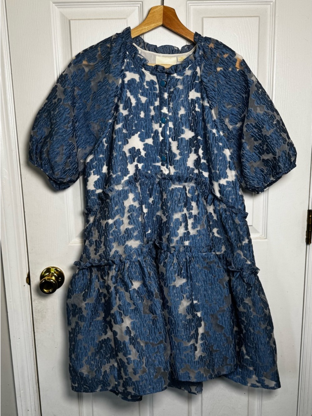 Maeve Anthropologie Blue Textured Tiered Mini Dress Small Puff Sleeve Romantic - Picture 2 of 16